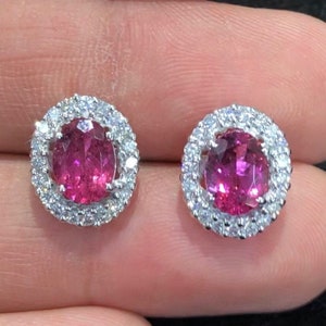 Untreated 3.21TCW Rubellite Tourmaline & Diamonds in 18K solid white gold earrings studs certified natural unheated pink red yellow white