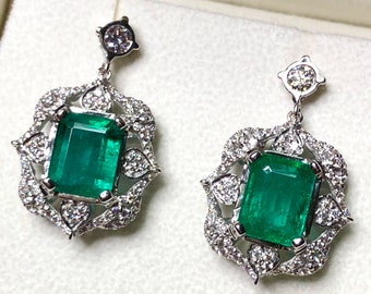 HUGE 8.25TCW CLEAN Emeralds Diamond 18K solid WHITE gold handmade earrings dangle drop white gold chandelier unique zambia colombian natural