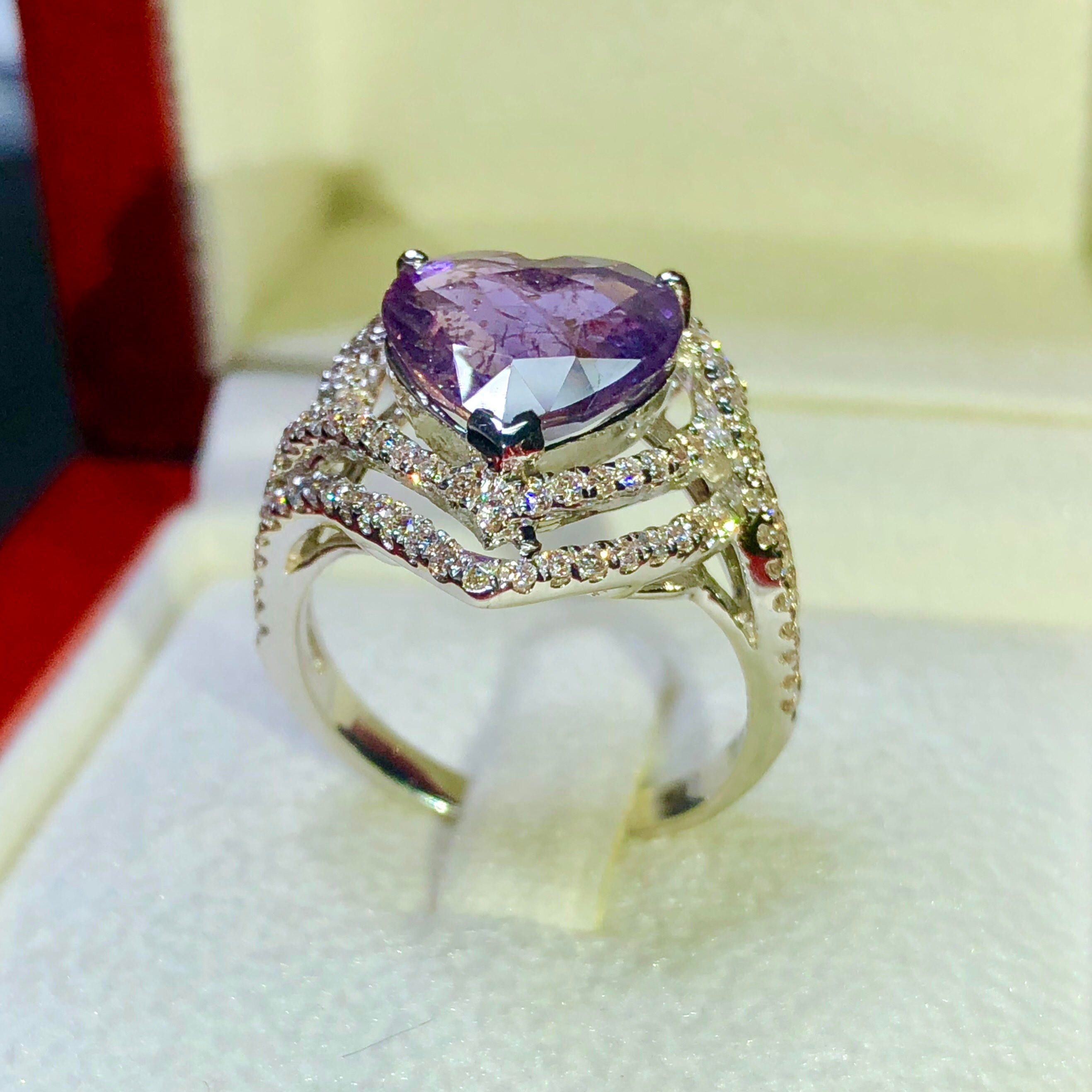 Unheated 4.89TCW Purple Sapphire & Diamonds in 18K Solid White | Etsy