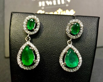 Dangling! 4.71TCW Green Emeralds & Diamond in 18K solid WHITE gold handmade earrings dangle drop white gold chandelier unique zambia colombi