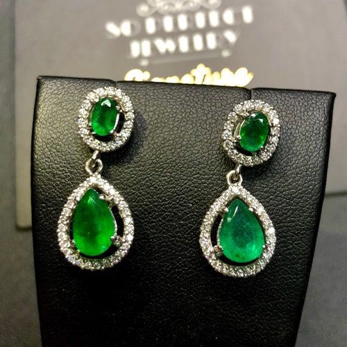 Dangling 2.74TCW Green Emeralds & Diamond in 18K Solid WHITE - Etsy