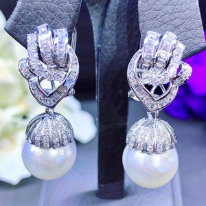 14mm LUSTROUS WHITE South Sea Pearls & Diamonds 18K Solid White Gold Earrings handmade bridal grey dangle drop party cocktail wedding bride