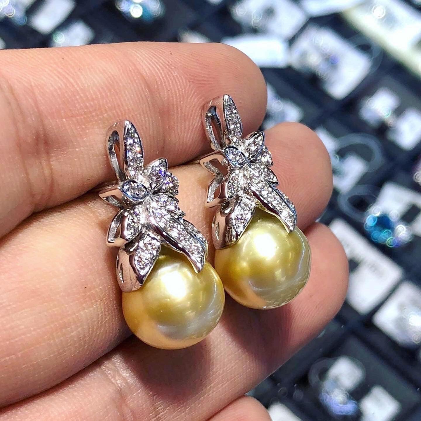Huge Natural AAA+++ 13-14 Mm South Sea White Pearl Earrings – 14K Yellow Gold Studs