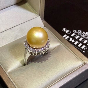 GOLDEN 14mm SOUTH SEA Pearl & 0.72 ct diamonds in 18K handmade solid white gold ring one of a kind engagement huge cocktail white natural