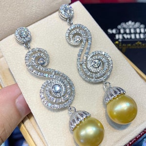HUGE 14mm Art Deco Golden South Sea Pearls & Diamonds In 18K Solid White Gold Earrings handmade chandelier dangle drop party cocktail large