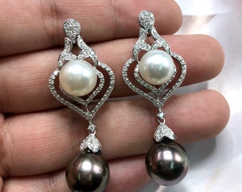 HUGE White South Sea Pearls VS Diamonds In 18K Solid White Gold Earrings dangle drop modern  natural golden black chandelier tahiti genuine