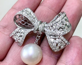 SOUTH SEA Pearl Art Deco Diamonds 18K Solid white Gold 1920's vintage bow handmade brooch pendant pin huge estate VS genuine natural ribbon