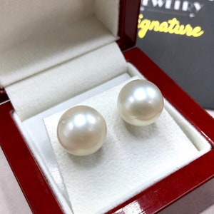 TIMELESS! 13mm South Sea Pearl 18K handmade solid white gold ring white australian stud wedding jewelry earrings huge simple clean natural