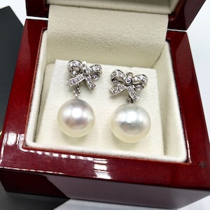 12mm Authentic White South Sea Pearls & Diamonds In 18K Solid White Gold Earrings handmade custom-made dangle drop party cocktail wedding