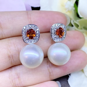 GORGEOUS 13 mm LUSTROUS WHITE South Sea Pearls Orange Sapphire & Diamonds 18K Solid White Gold Earrings bridal dangle drop party yellow red