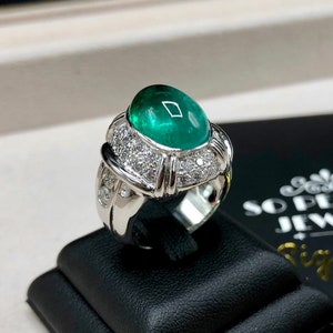HUGE! 8.27TCW Emerald VS Diamonds in 18K solid white gold ring handmade huge cocktail zambian colombian unisex gentleman mens cabochon vivid