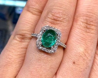 CABOCHON! 2.32TCE Emerald VS Diamond 18k solid white gold ring engagement wedding Colombian zambian modern natural vintage estate gift green