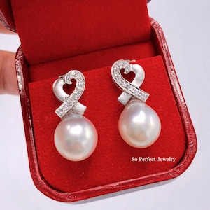 12mm Authentic White South Sea Pearls & Diamonds 18K Solid White Gold Earrings handmade bridal maid dangle drop party cocktail wedding bride