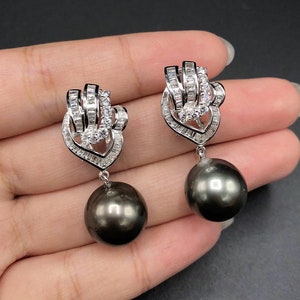 13mm TAHITIAN Black South Sea Pearls & Diamonds 18K Solid White Gold Earrings handmade bridal grey dangle drop party cocktail wedding bride