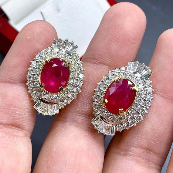 HUGE 9.78 BURMESE RUBY Diamonds 18K Solid White Gold Earrings