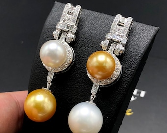 CHANDELIER! Golden South Sea Pearls VVS Diamonds In 18K Solid White Gold Earrings handmade dangle drop modern authentic natural golden white