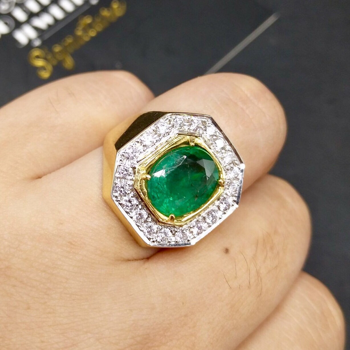 MENS 4.26CTW EMERALD Diamonds 18K Solid Yellow Gold Ring Man