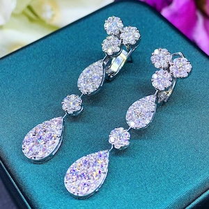 3.14TCW Round Brilliant Diamond Natural 18K solid white gold handmade earrings dangling wedding gift invisible chandelier drop studs F/VS