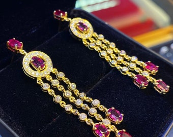 HUGE 7.32TCW Blood Red Ruby Diamonds in 18K solid yellow gold chandelier floral earrings vintage designer natural siamese siam burma burmese