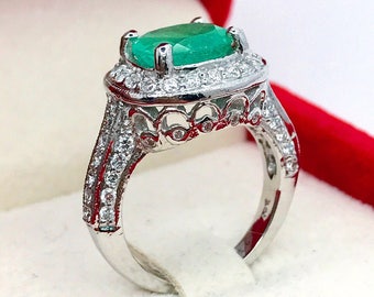 COLOMBIAN! 2.71CTW EMERALD & Diamonds in 18K solid white gold ring engagement natural authentic certified wedding vintage handmade