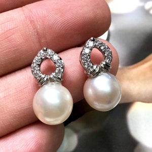 11mm Authentic White South Sea Pearls & Diamonds In 18K Solid White Gold Earrings handmade custom-made dangle drop party cocktail wedding