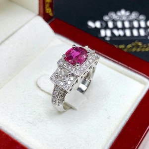 UNHEATED 2.34TCW Ruby Diamonds in 18K solid white gold ring handmade engagement untreated certified three-stone wedding art deco natural red