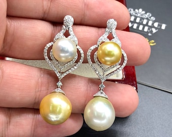 CHANDELIER! Golden South Sea Pearls VVS Diamonds In 18K Solid White Gold Earrings handmade dangle drop modern authentic natural golden white