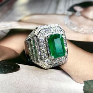 HUGE 6.91TCW MANS Emerald & Diamonds in Handmade 18K Solid White Gold ...