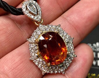 ENORME 13,63 TCW gele saffier en diamanten in 18K massief witgoud handgemaakte hanger ceylon thai gecertificeerde vintage ketting natuurlijk oranje