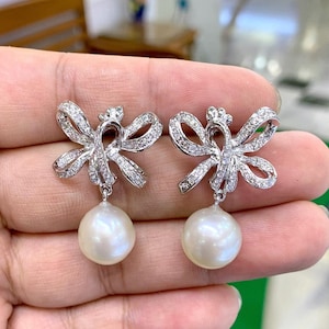 CHIC! South Sea 13mm Pearl 0.80 carat VS Diamond 18K Solid white Gold Earrings handmade dangling wedding estate natural genuine chandelier
