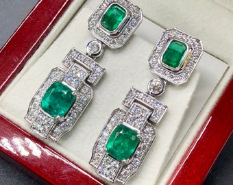 ART-DECO 6.80TCW Emerald & Diamond in 18K solid WHITE gold handmade earrings dangle zambian push back chandelier colombian zambiam cocktail