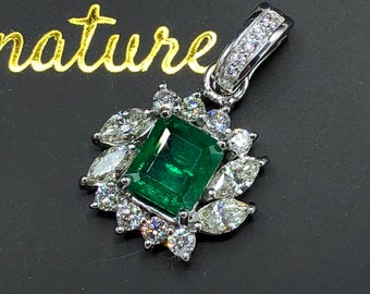 SPARKLING! 3.59TCW Emerald & Diamond 18K Solid Gold Pendant Necklace vintage geometry graphic colombian white gold handmade zambian marquise