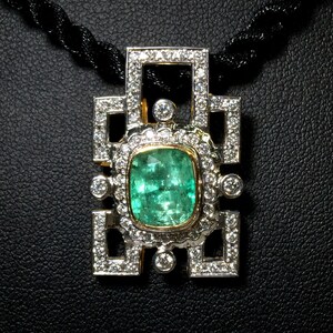 ART DECO 4.41ct. Colombian Emerald & Diamond 18K Solid Gold Pendant Necklace 1920's vintage geometry graphic