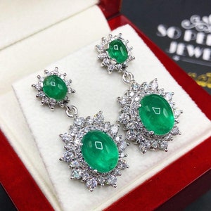 STUNNING 9.58TCW Emerald VS Diamonds in 18K solid white gold earrings dangling natural zambian gift halo wedding zambia cabochon colombian