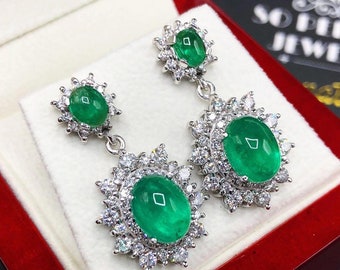 STUNNING 9.58TCW Emerald VS Diamonds in 18K solid white gold earrings dangling natural zambian gift halo wedding zambia cabochon colombian