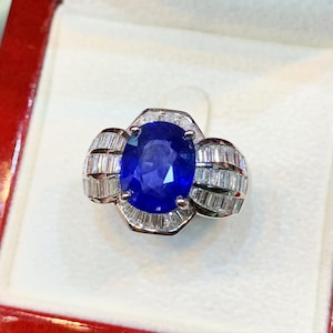 CEYLON! 5.35TCW Blue Sapphire & Diamonds 18K solid baguette white gold ring engagement unisex mens royal wedding natural genuine cornflower