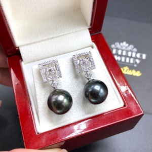 12mm TAHITIAN Black South Sea Pearls & Diamonds 18K Solid White Gold Earrings handmade bridal maid dangle drop party cocktail wedding bride