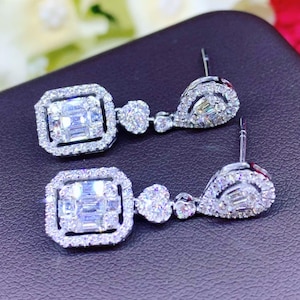 1.95TCW Emerald Cut Diamond Illusion Natural 18K solid white gold handmade earrings dangling wedding gift retacgular invisible chandelier
