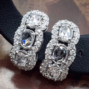 2.28TCW Rose Cut Diamonds in 18K solid white gold earrings art deco old european pear natural vintage edwardian estate studs chandeliar