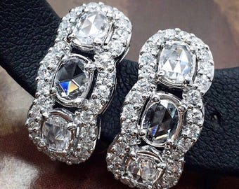 2.28TCW Rose Cut Diamonds in 18K solid white gold earrings art deco old european pear natural vintage edwardian estate studs chandeliar