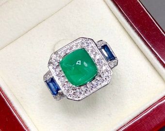 ART DECO! 5.85TCW Emerald VS Diamonds in 18K solid white gold ring engagement handmade cocktail zambian sugarloaf cabochon colombian three