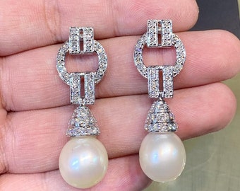 ART DECO White South Sea Pearls VS Diamond 18K Solid White Gold Earrings chandelier dangling modern natural cream big wedding bridal vintage