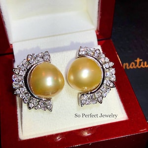 HUGE Golden South Sea Pearls VS Diamonds In 18K Solid White Gold Earrings handmade Studs cocktail authentic natural golden dinner party