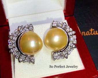 HUGE Golden South Sea Pearls VS Diamonds In 18K Solid White Gold Earrings handmade Studs cocktail authentic natural golden dinner party