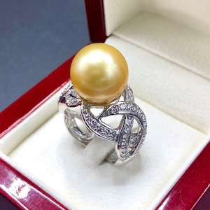 Cocktail 14.5mm SOUTH SEA Pearl 1.17 cts VS diamonds in 18K handmade solid white gold ring one of a kind handmade huge golden yellow natural