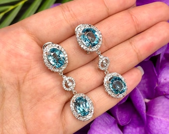 HUGE 14.15TCW Zircon VS Diamonds 18K solid white gold earrings chandelier dangling drop vintage cocktail dinner party blue sky natural topaz