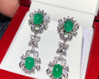 Colombian 4.68TCW Emeralds & Diamond in 18K solid WHITE gold handmade earrings dangle drop vintage white gold chandelier cabochon christmas