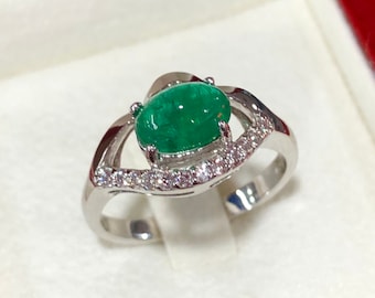 CABOCHON! 1.38TCE Emerald & VS Diamonds in 18k solid white gold ring engagement wedding Colombian zambian modern natural vintage estate gift