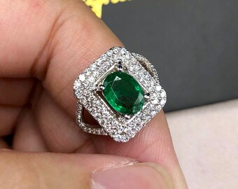 SPARKLING 1.70TCW Emerald & VS Diamonds in 18k solid white gold ring engagement wedding colombian zambian Double halo modern natural art