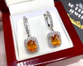 VIVID! 6.22TCW Yellow Sapphire & VS Diamonds in 18K solid handmade white gold earrings dangle drop orange thai ceylon Chandelier gala pair